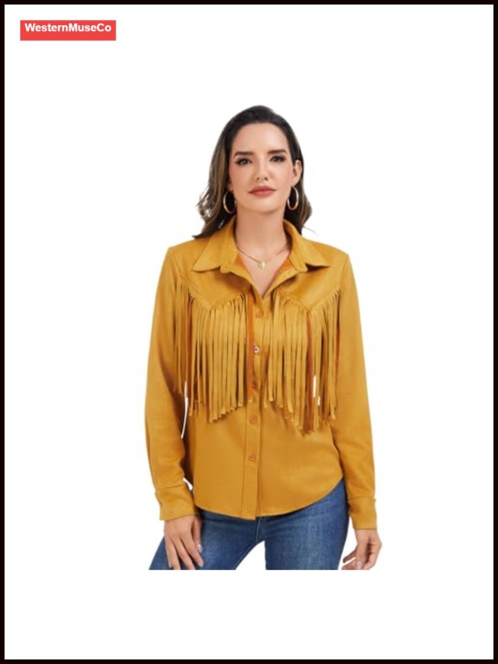Faux Suede Fringe Button-Down Shirt Long Sleeve Western Cowboy